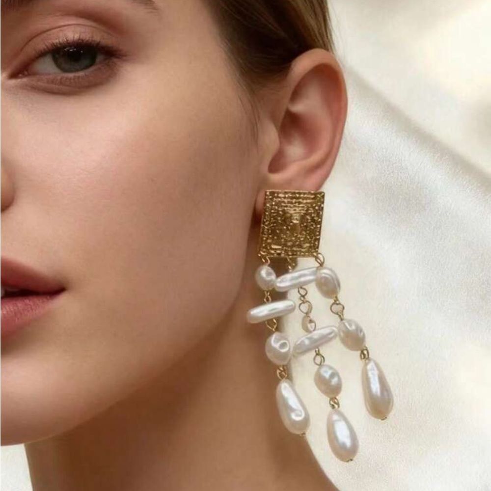 Gold and White Pearl Drop Statement Earrings - Women Jewelry R 396 - Picture 1 of 4